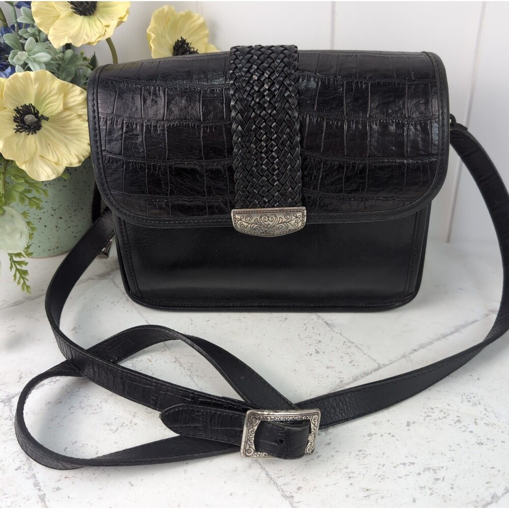 Vintage Brighton Black Croc-Embossed Leather Crossbody Organizer Bag Purse